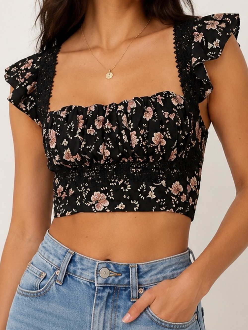 Free People Black Floral Smocked Crop Top- Pink Floral